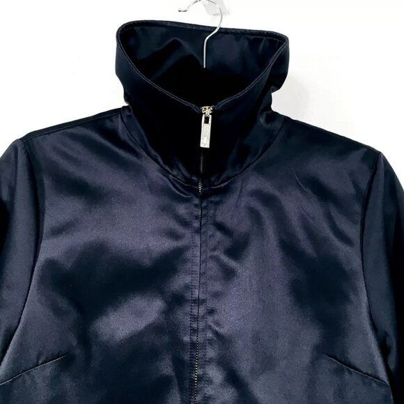 Dennis Basso Sz XS Front Zip Rain Jacket Navy Satin Anorak Removable Hood - Picture 8 of 12